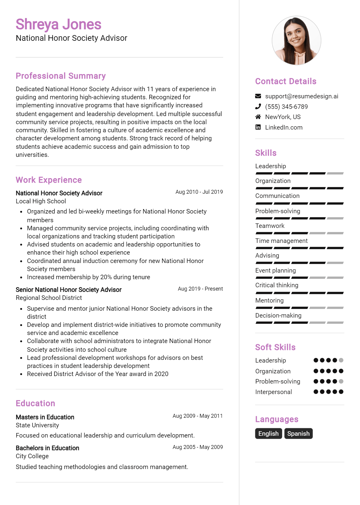 National Honor Society Advisor Resume Example