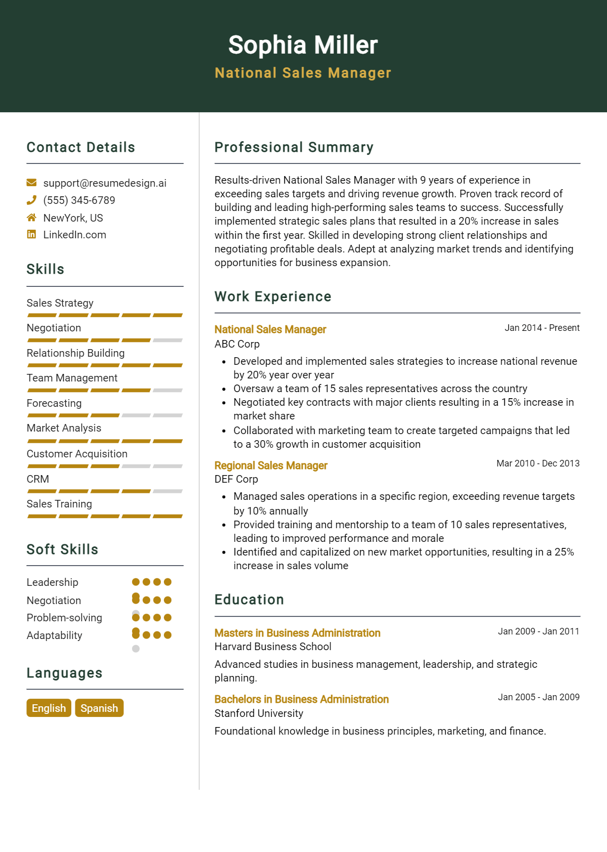 National Sales Manager Resume Example