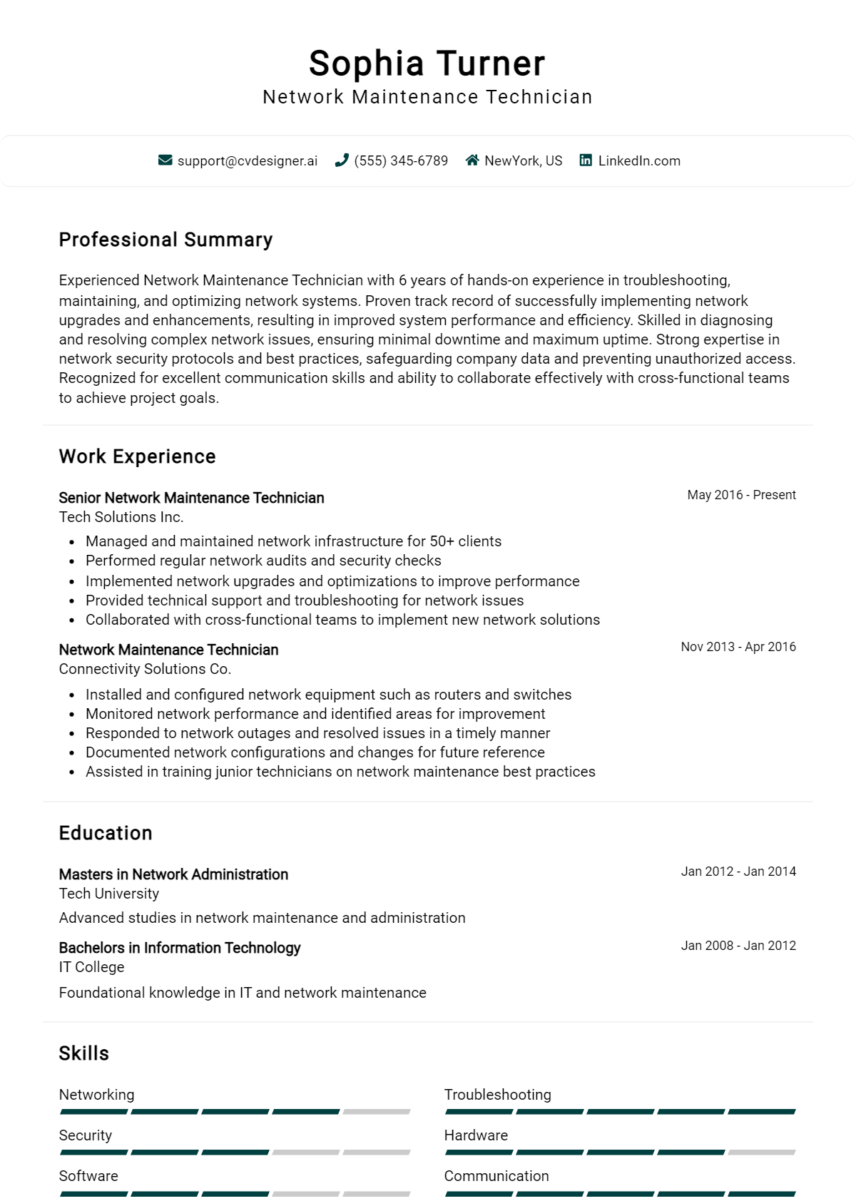 Network Maintenance Technician Resume Example