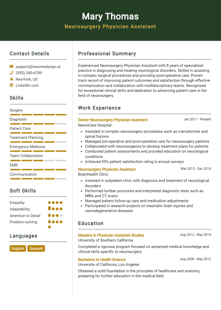 11 Neurosurgery Physician Assistant Resume Examples And Templates for 2025