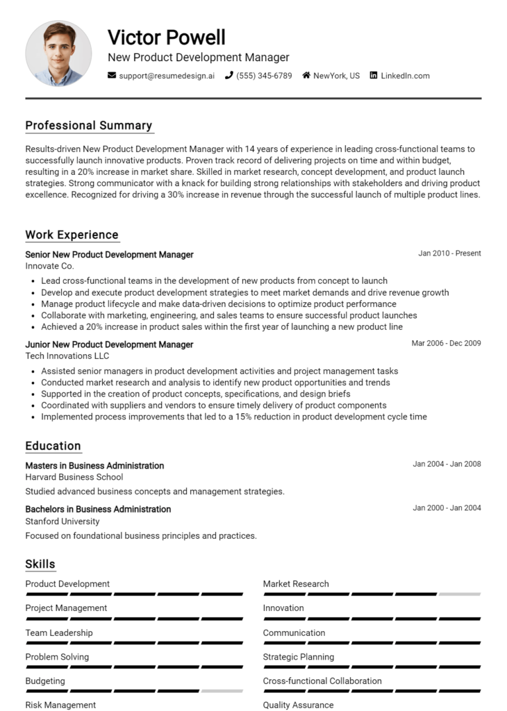 New Product Development Manager Resume Example