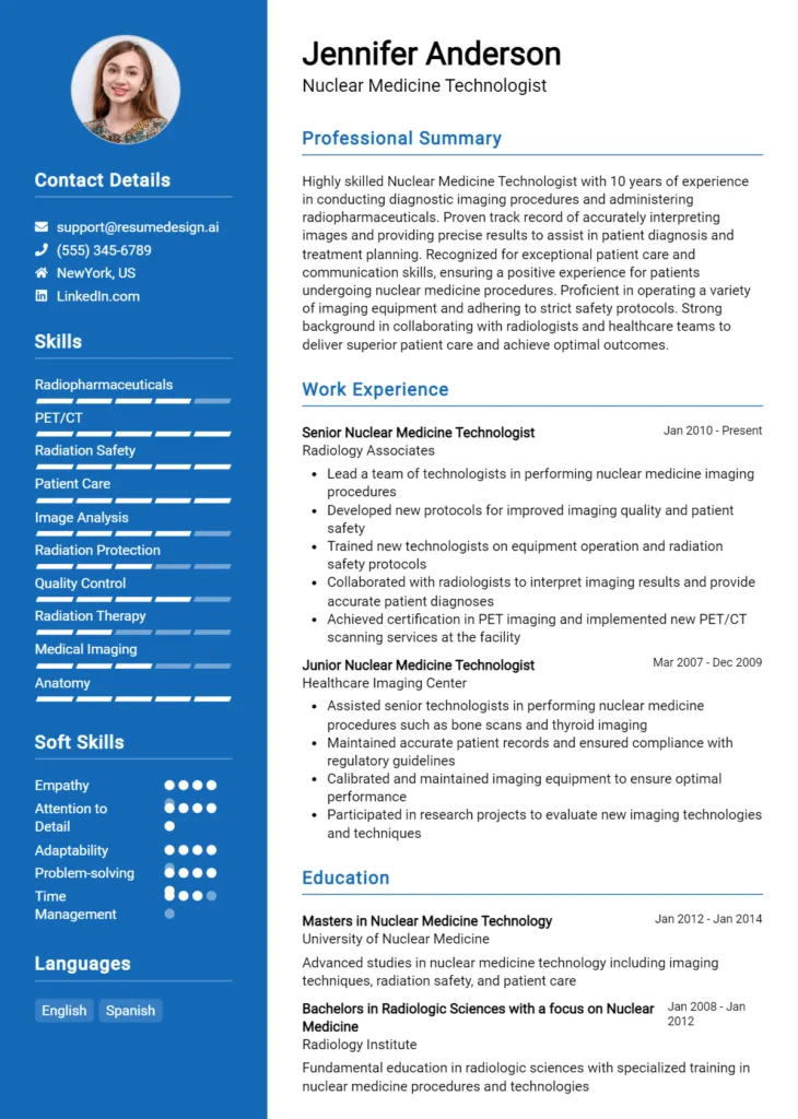 Nuclear Medicine Technologist Resume Example