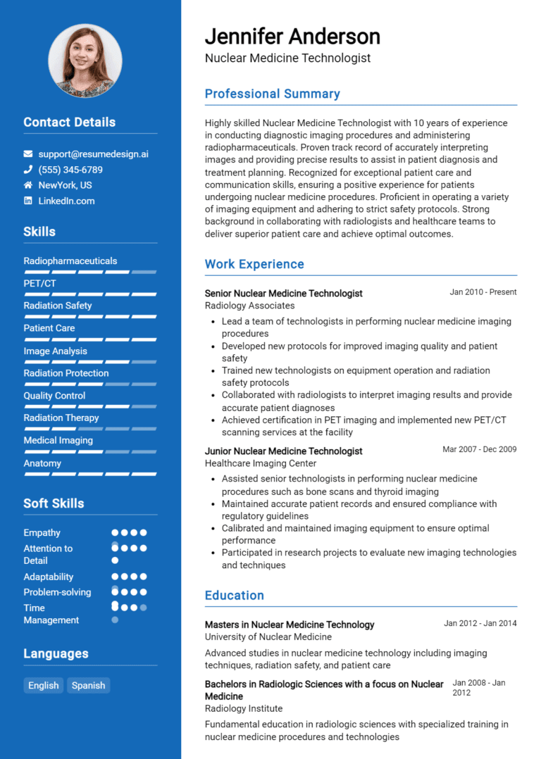 24 Nuclear Medicine Technologist Resume Examples And Templates for 2025