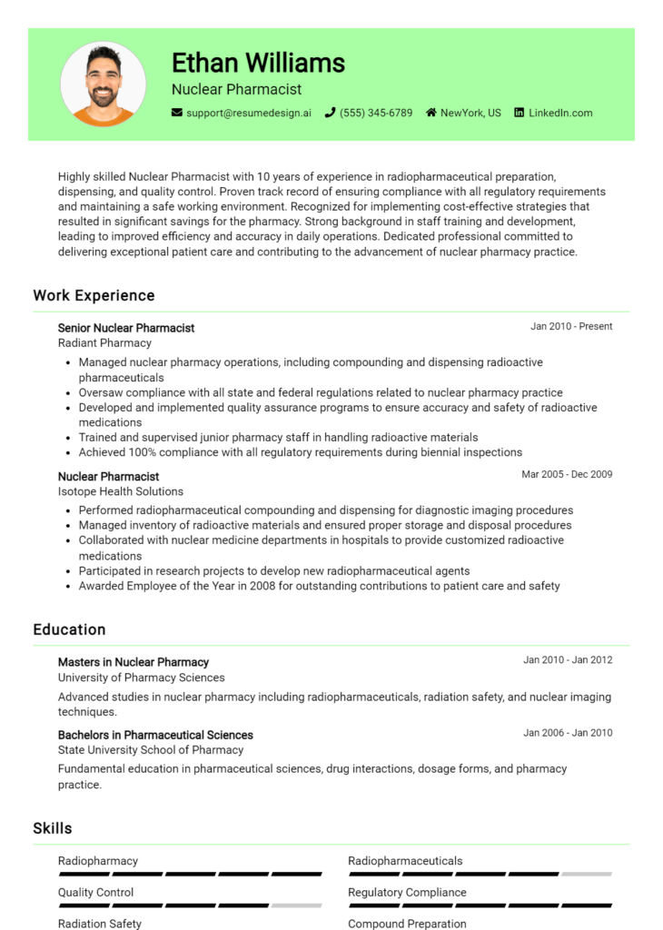 Nuclear Pharmacist Resume Example