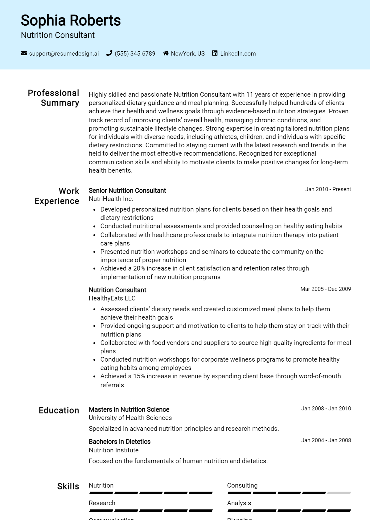 Nutrition Consultant Resume Example