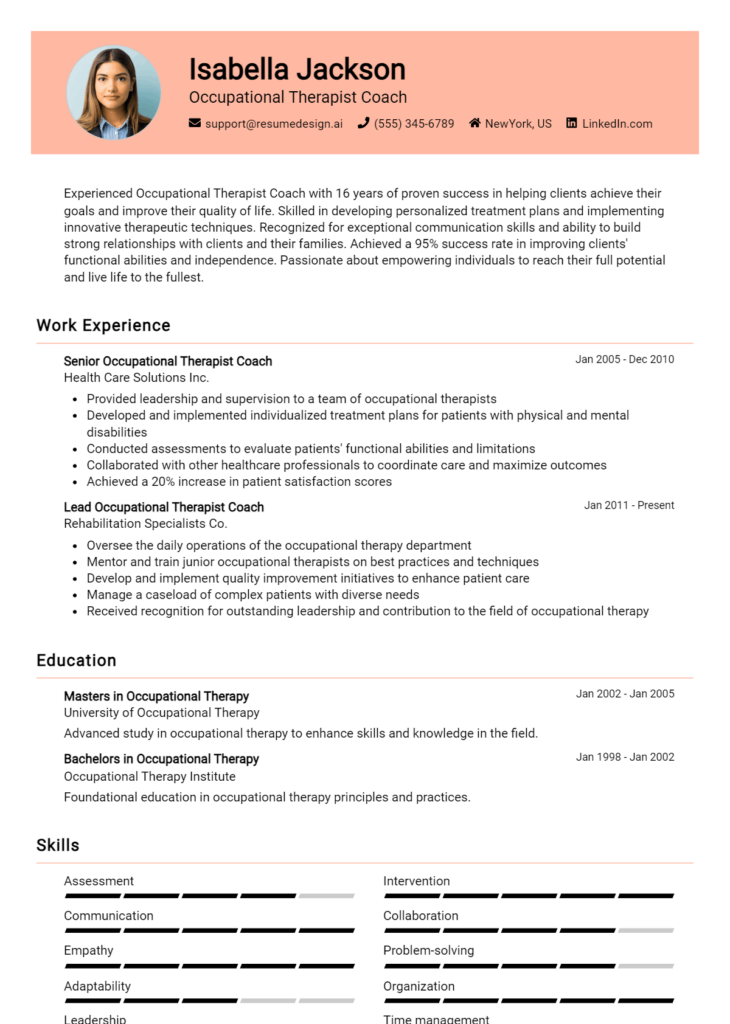 Occupational Therapist Coach Resume Example