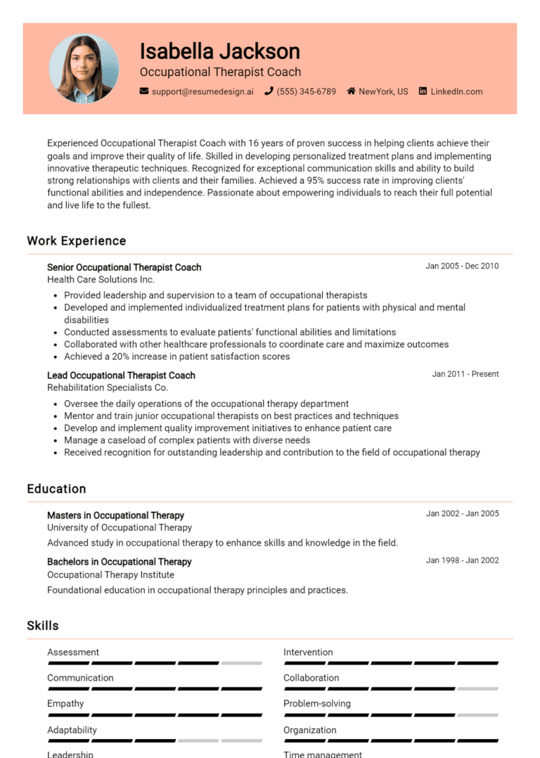 15 Occupational Therapist Coach Resume Examples And Templates for 2025