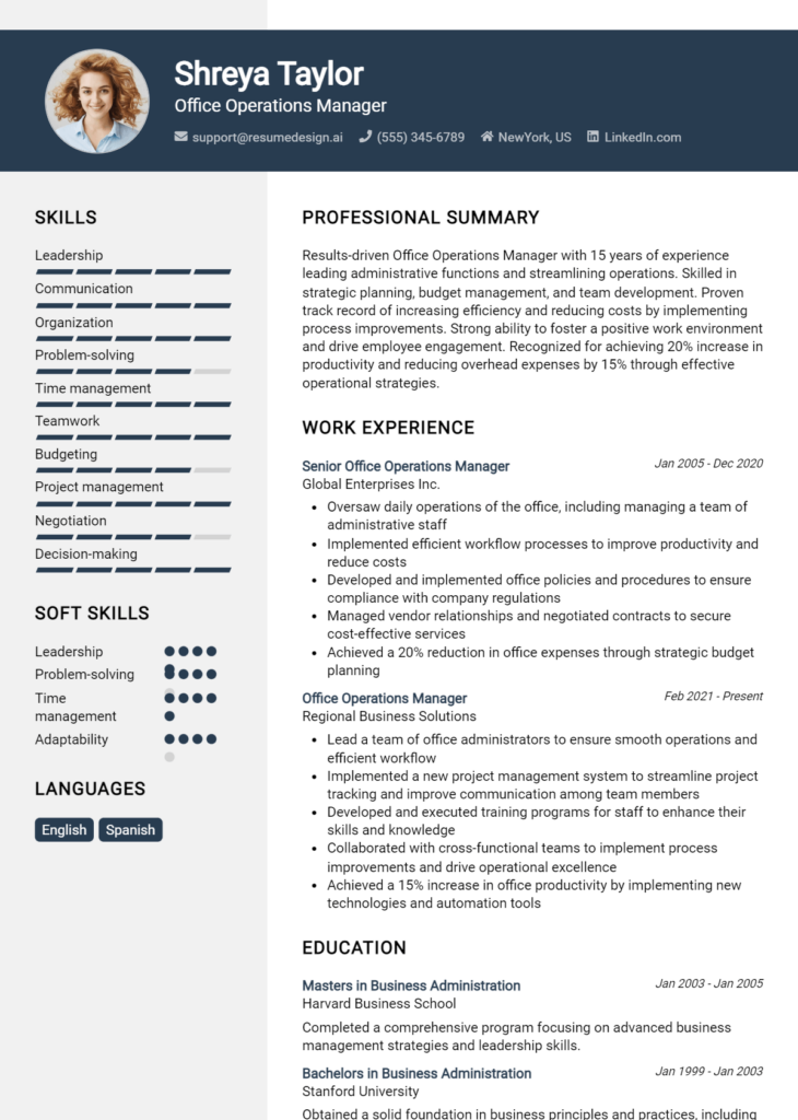 Office Operations Manager Resume Example