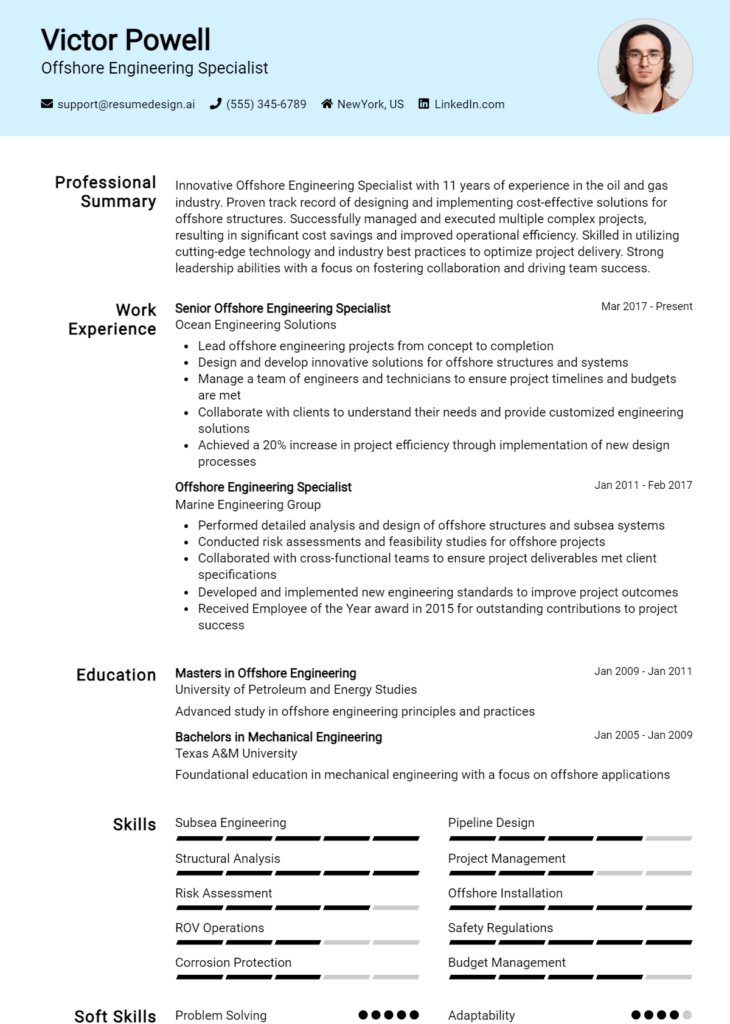 Offshore Engineering Specialist Resume Example