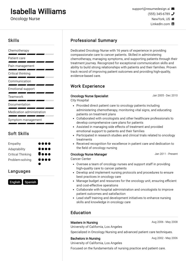 Oncology Nurse Resume Example