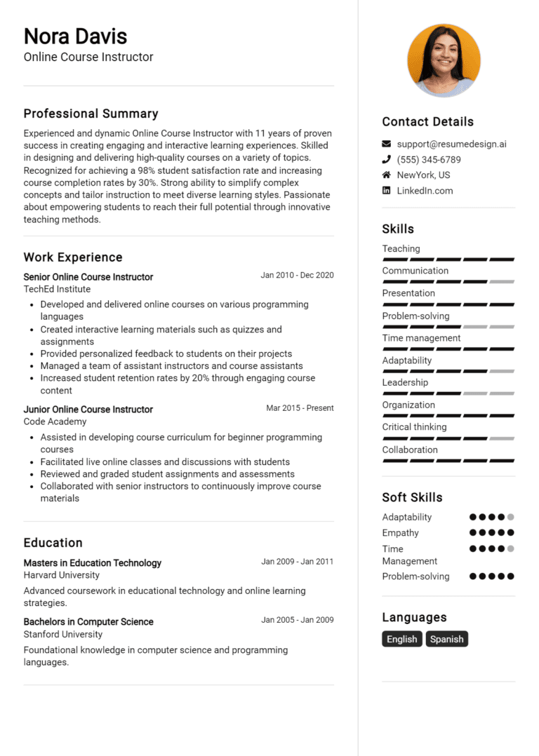 14 Online Course Instructor Resume Examples And Templates for 2025