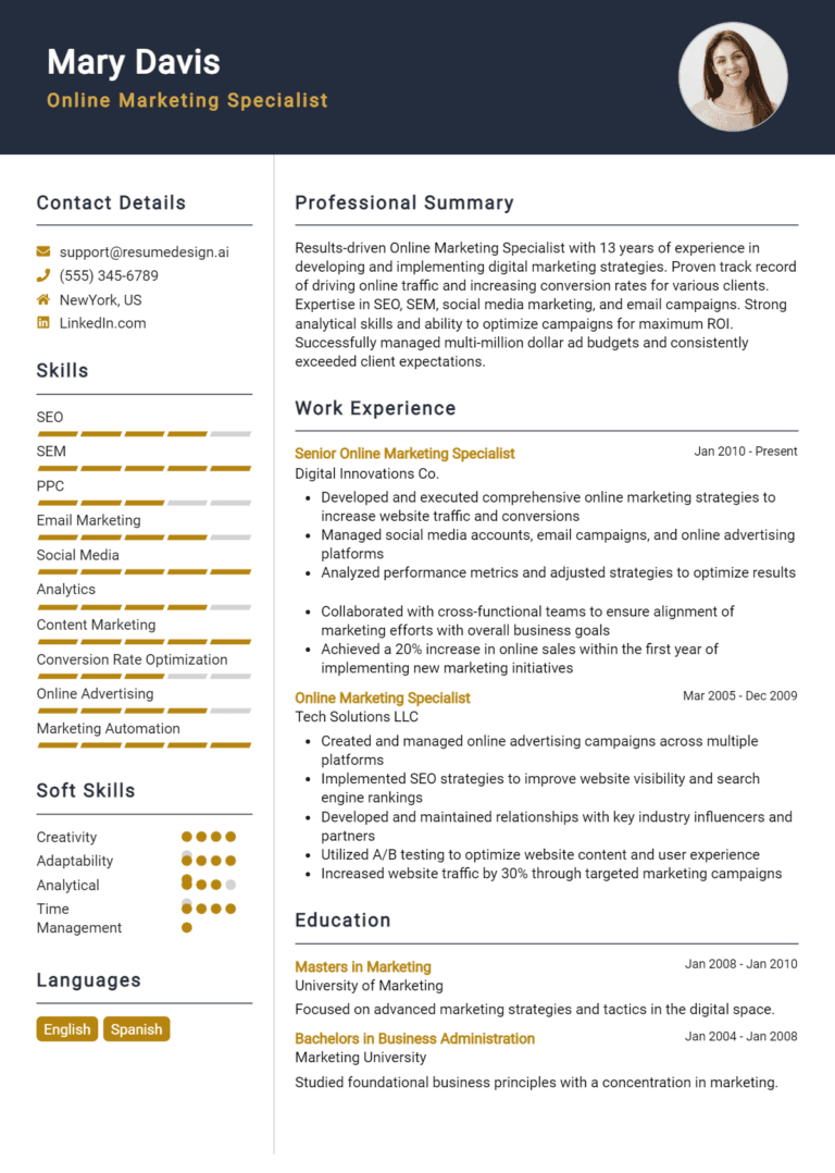 14 Online Marketing Specialist Resume Examples And Templates for 2025