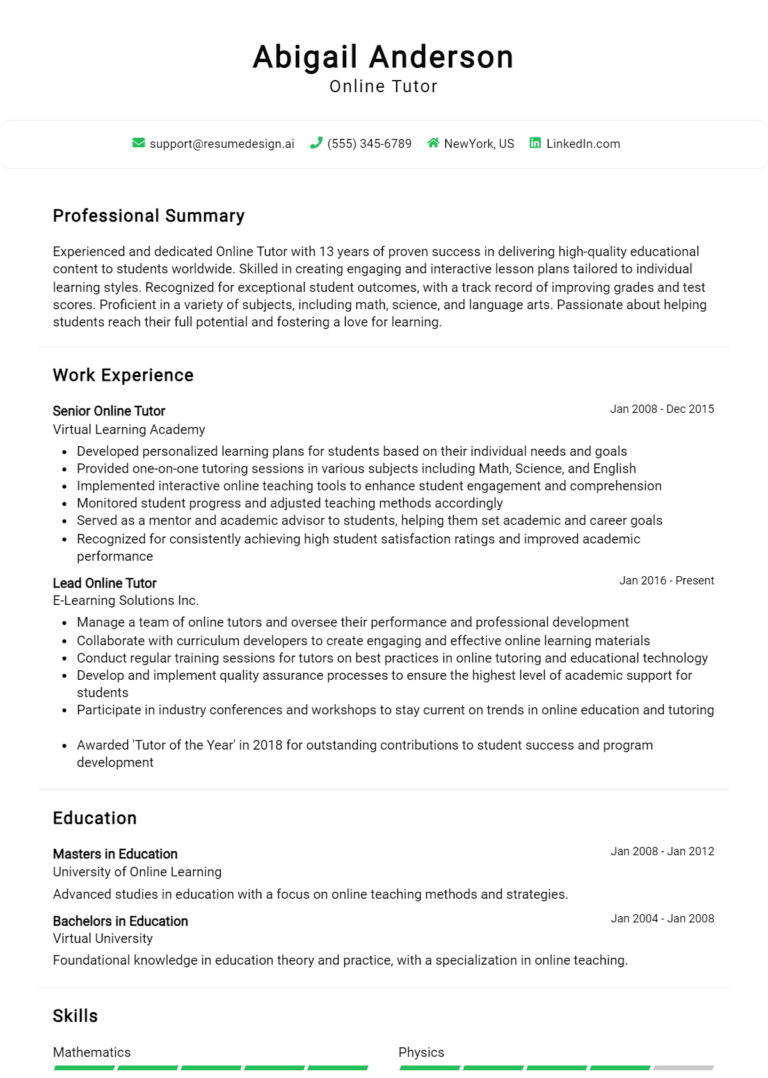 14 Online Tutor Resume Examples And Templates for 2025