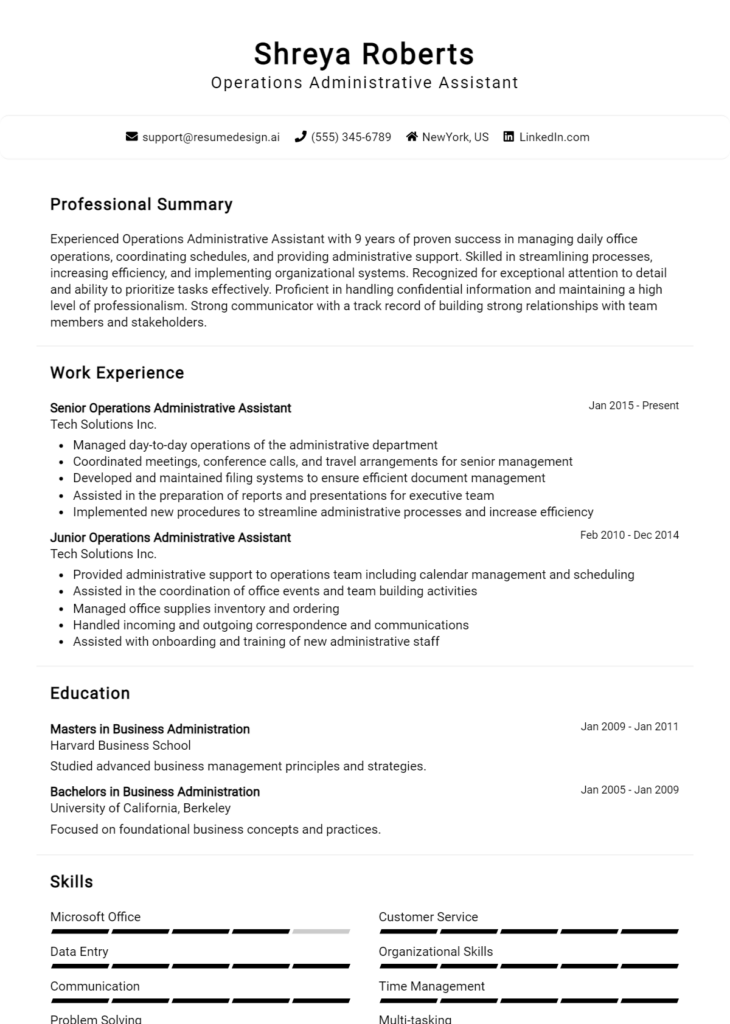 Operations Administrative Assistant Resume Example