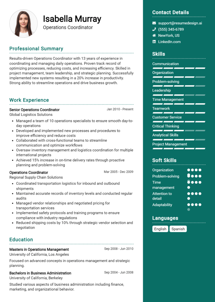 Operations Coordinator Resume Example