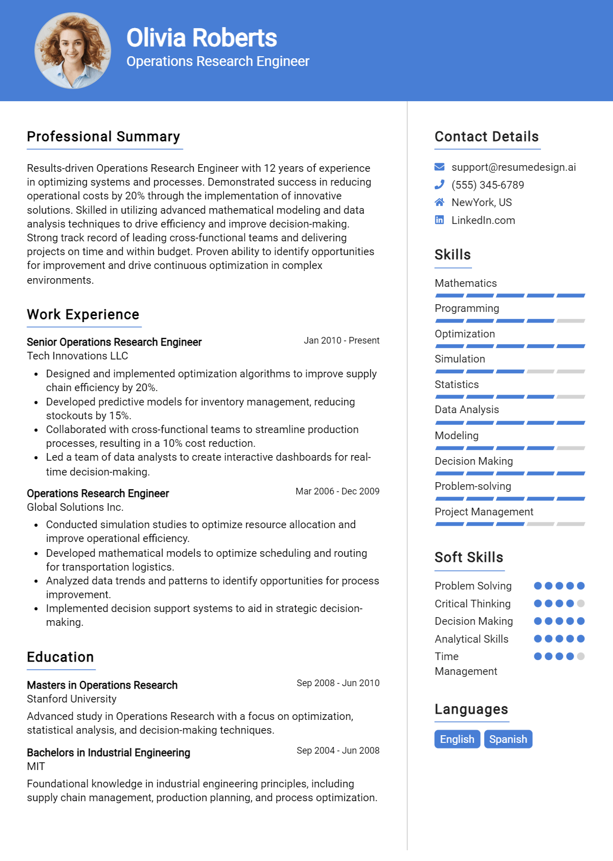 Operations Research Engineer Resume Example