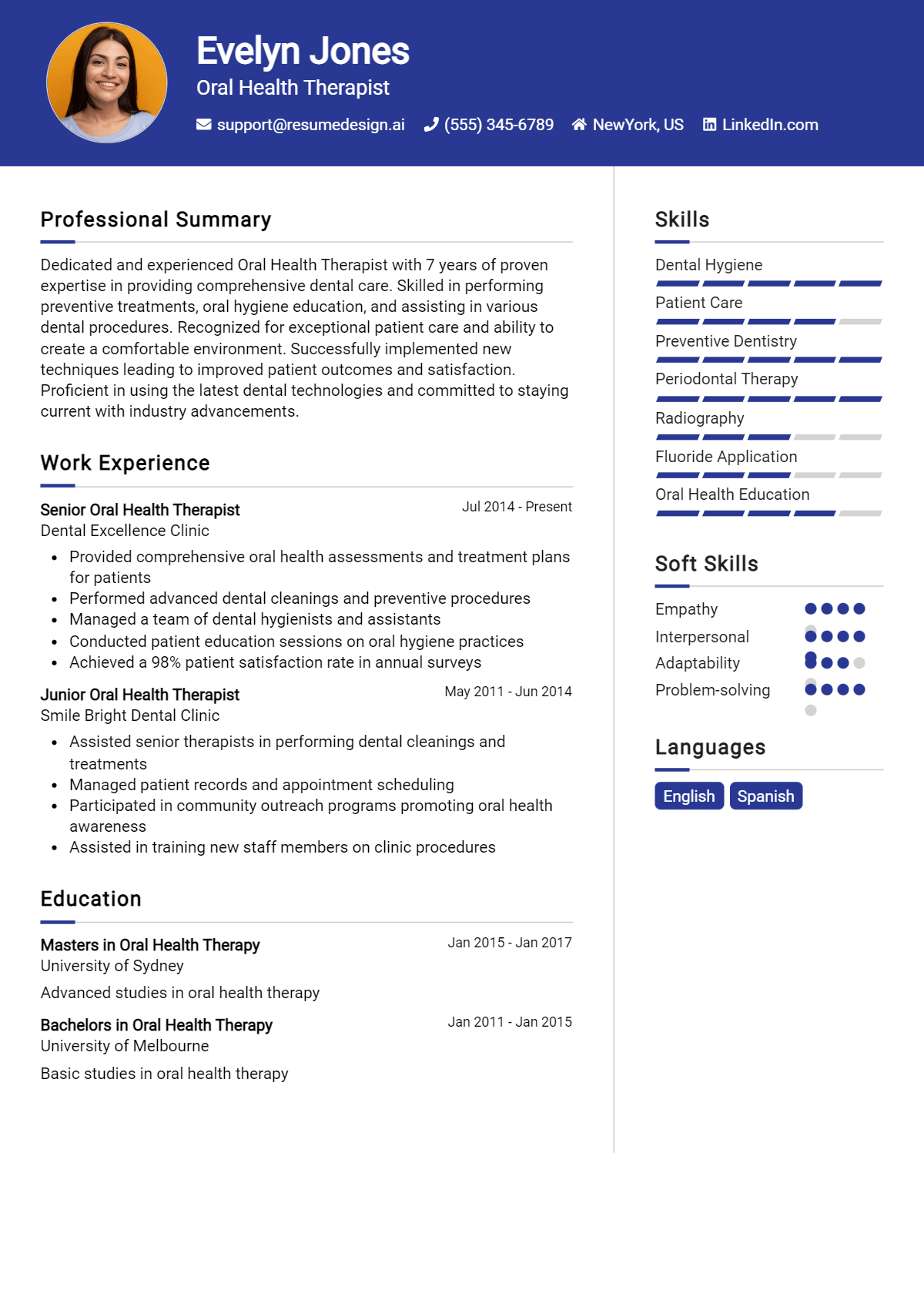 Oral Health Therapist Resume Example