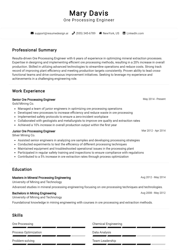 Ore Processing Engineer Resume Example