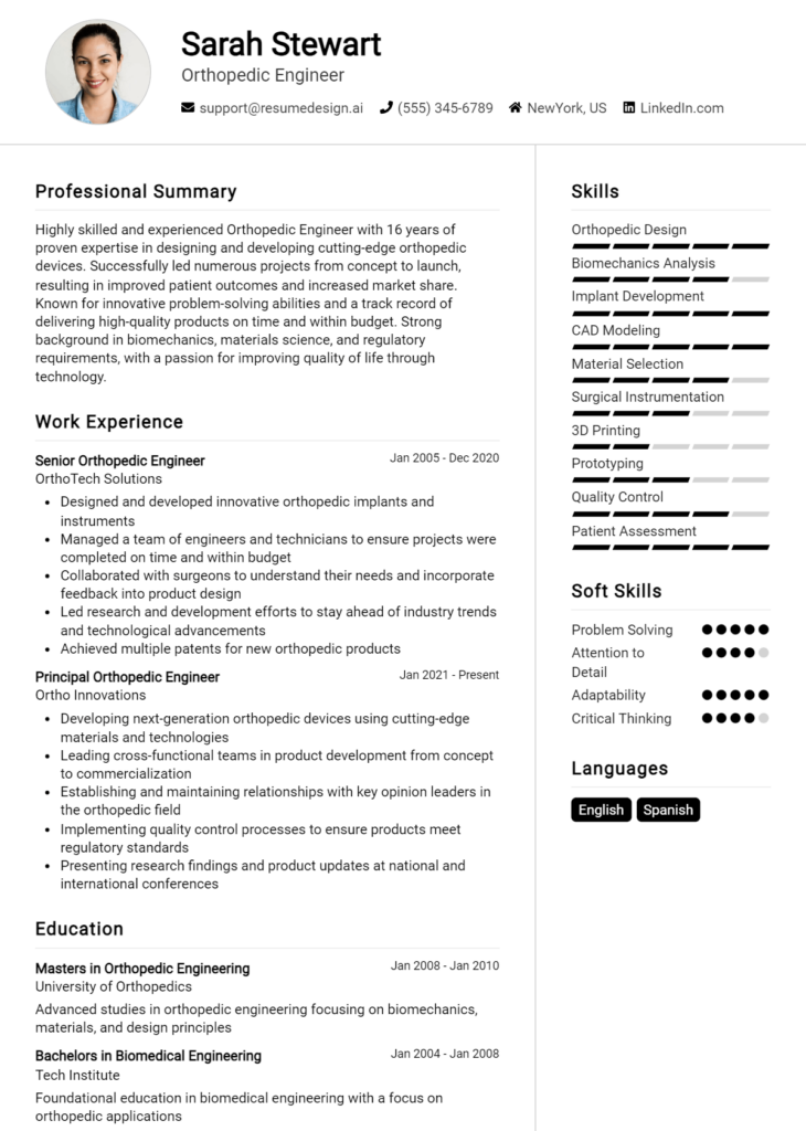 Orthopedic Engineer Resume Example