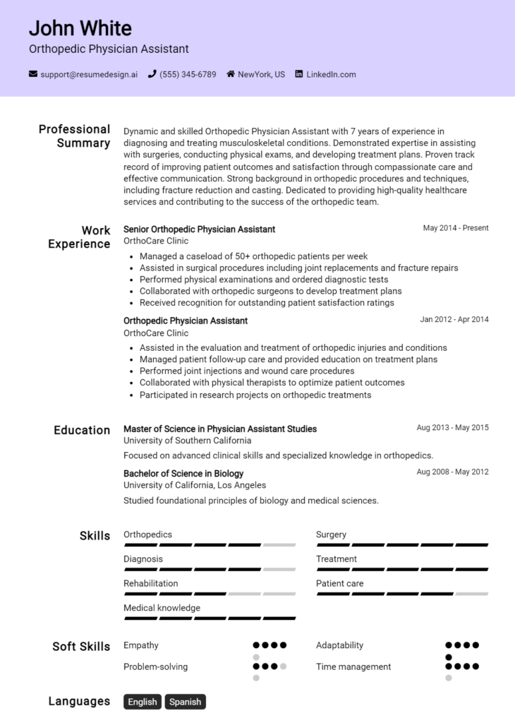 Orthopedic Physician Assistant Resume Example