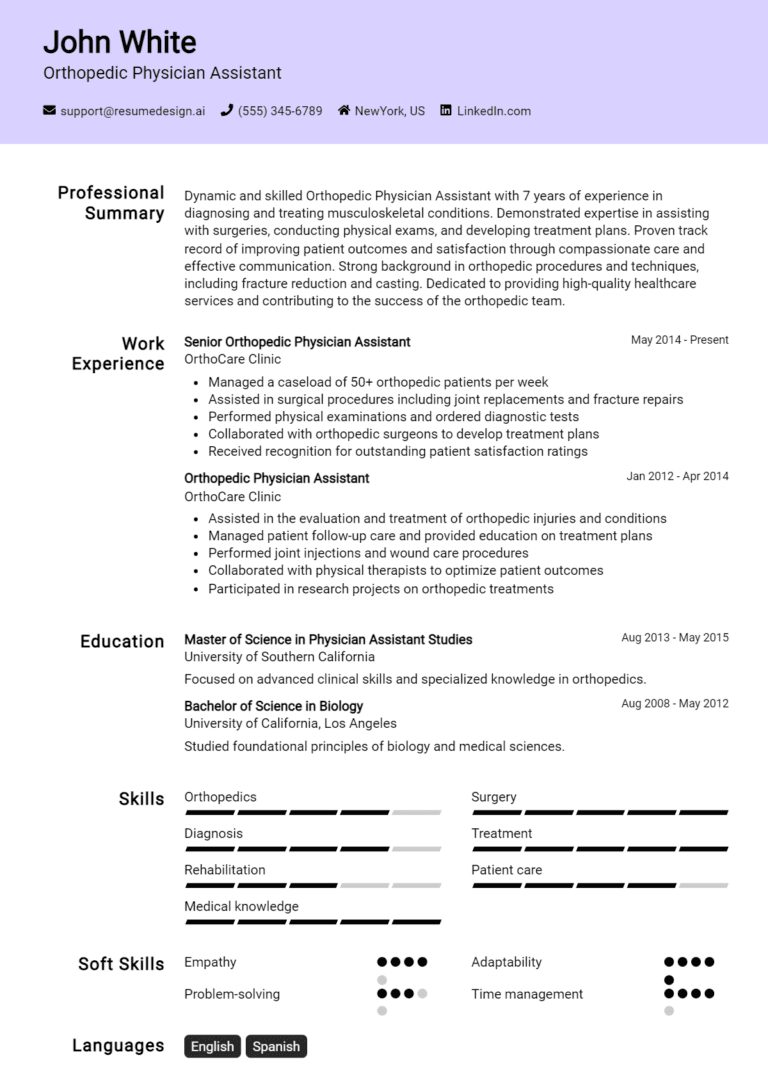 11 Orthopedic Physician Assistant Resume Examples And Templates for 2025: Expert Tips