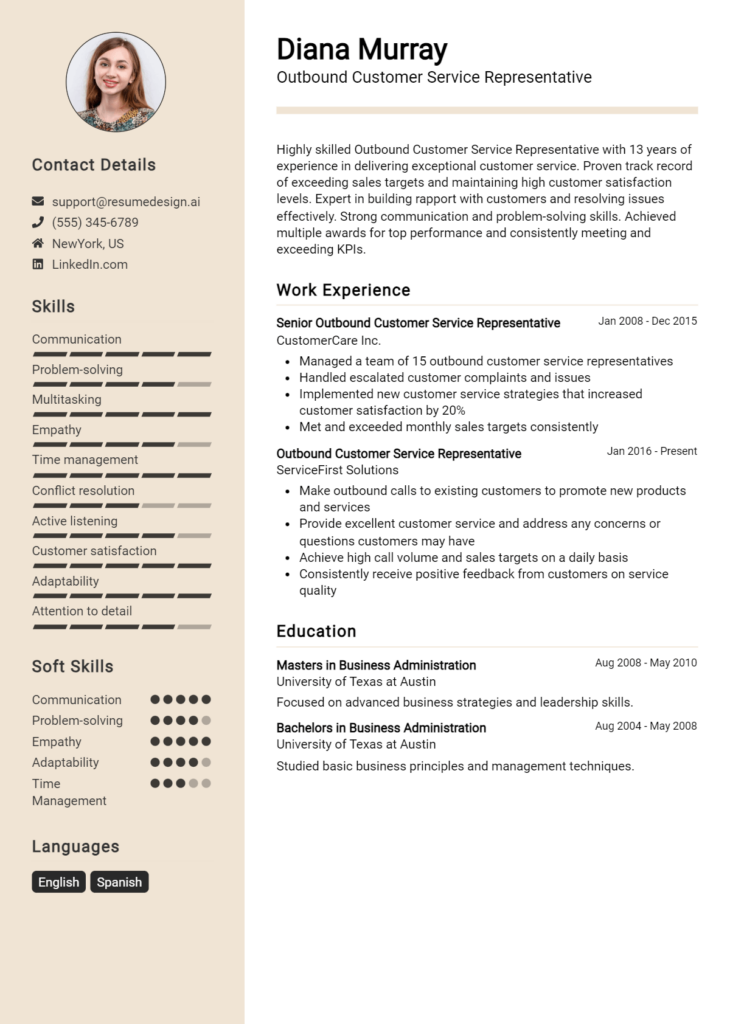 Outbound Customer Service Representative Resume Example