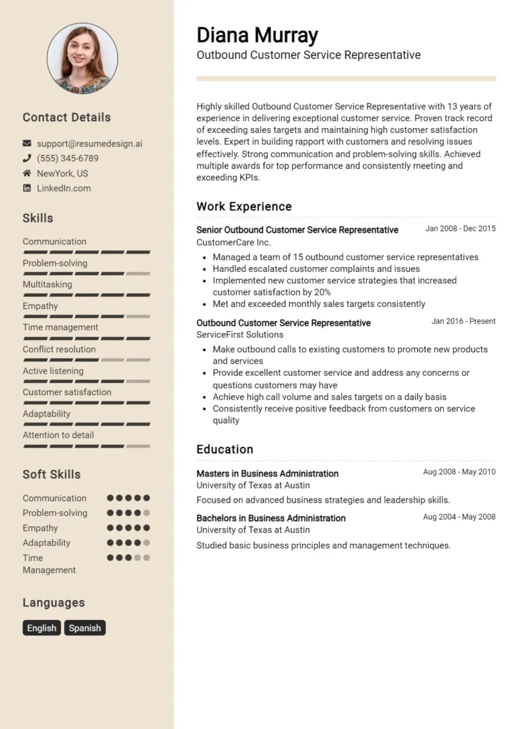 Outbound Customer Service Representative Resume Example