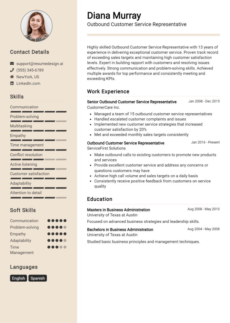 25 Outbound Customer Service Representative Resume Examples And Templates for 2025