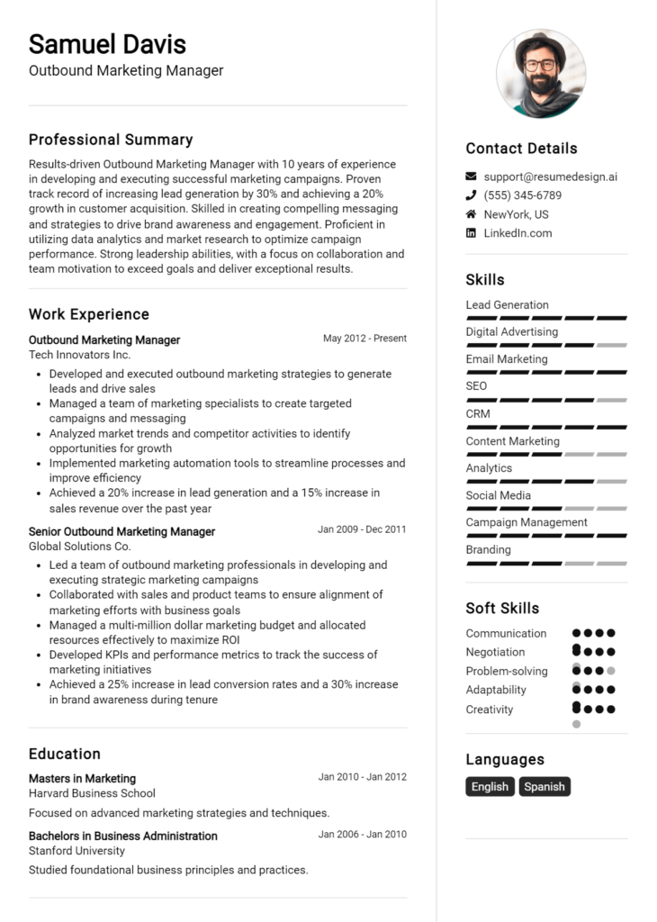 Outbound Marketing Manager Resume Example