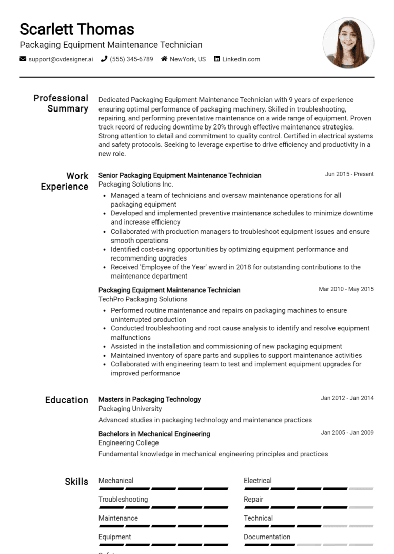 18 Packaging Equipment Maintenance Technician Resume Examples And Templates for 2025: Top Tips