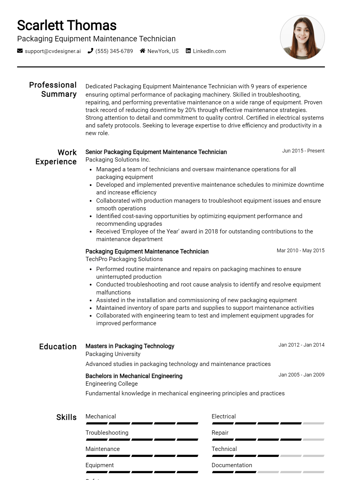 Packaging Equipment Maintenance Technician Resume Example