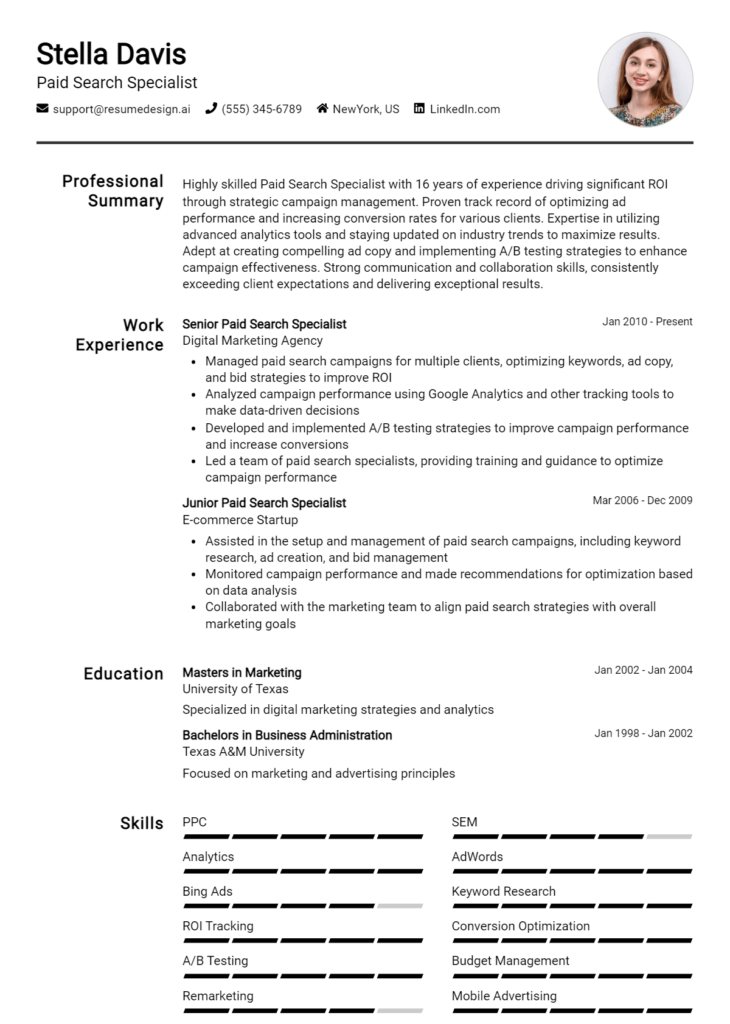 Paid Search Specialist Resume Example