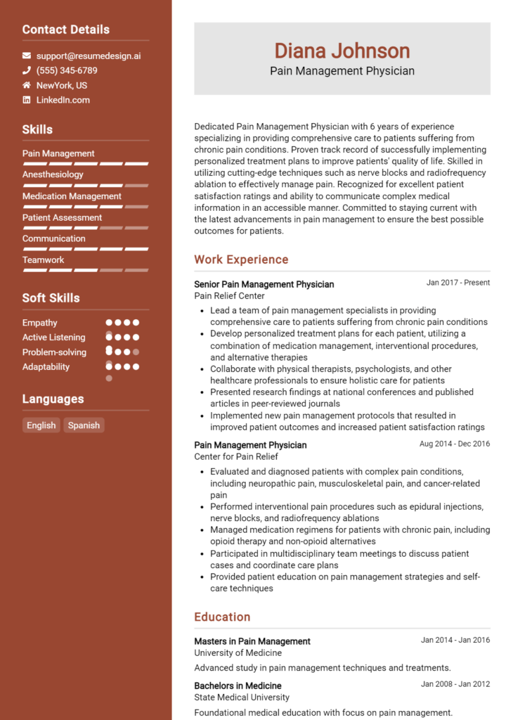 Pain Management Physician Resume Example