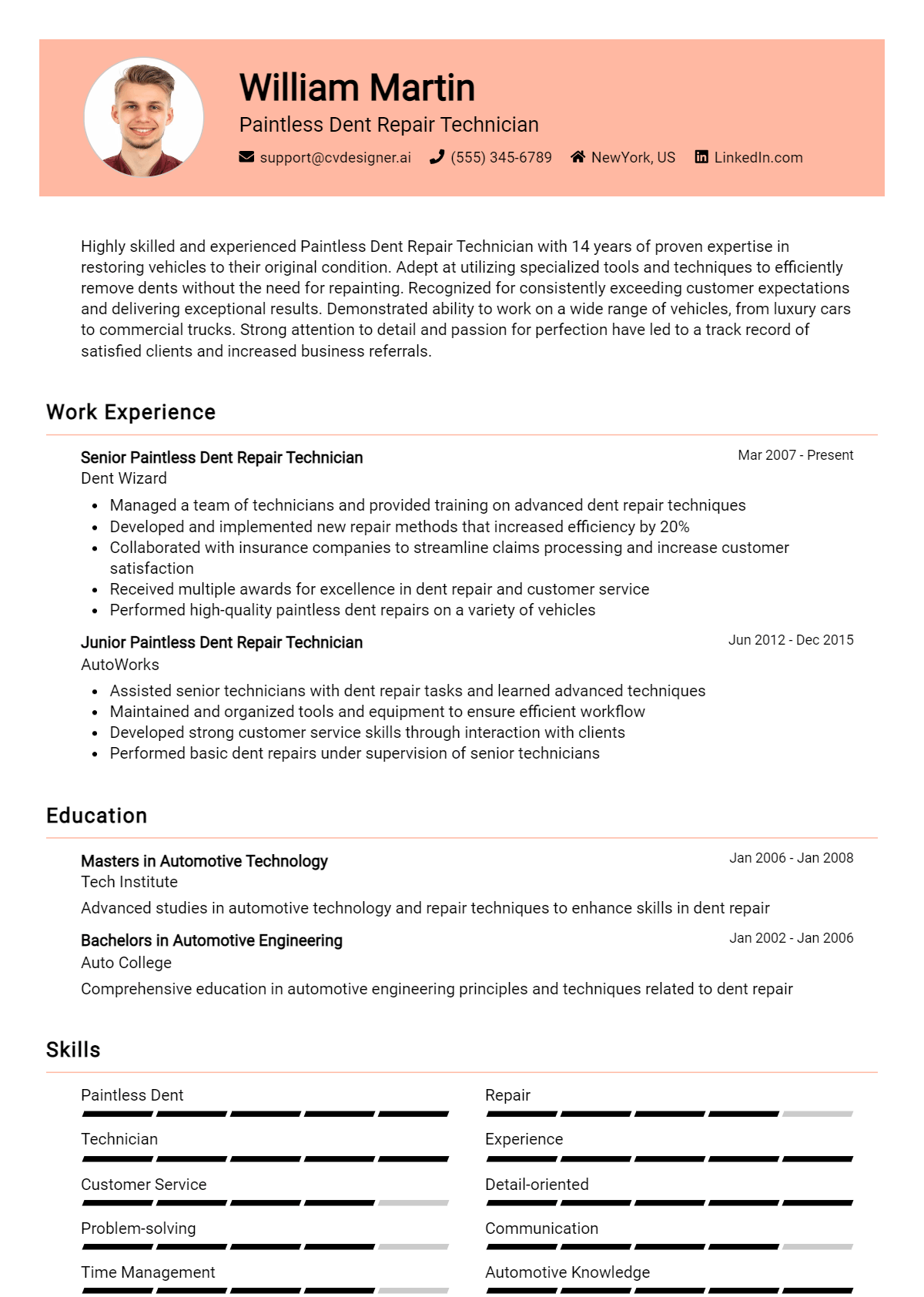 Paintless Dent Repair Technician Resume Example