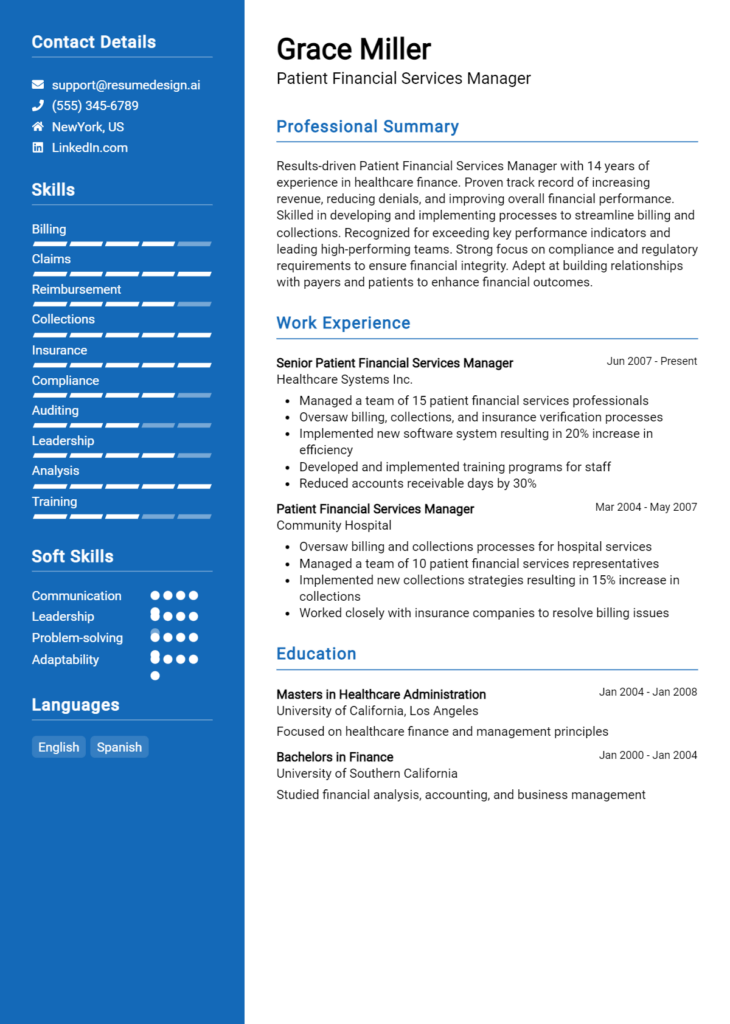 Patient Financial Services Manager Resume Example