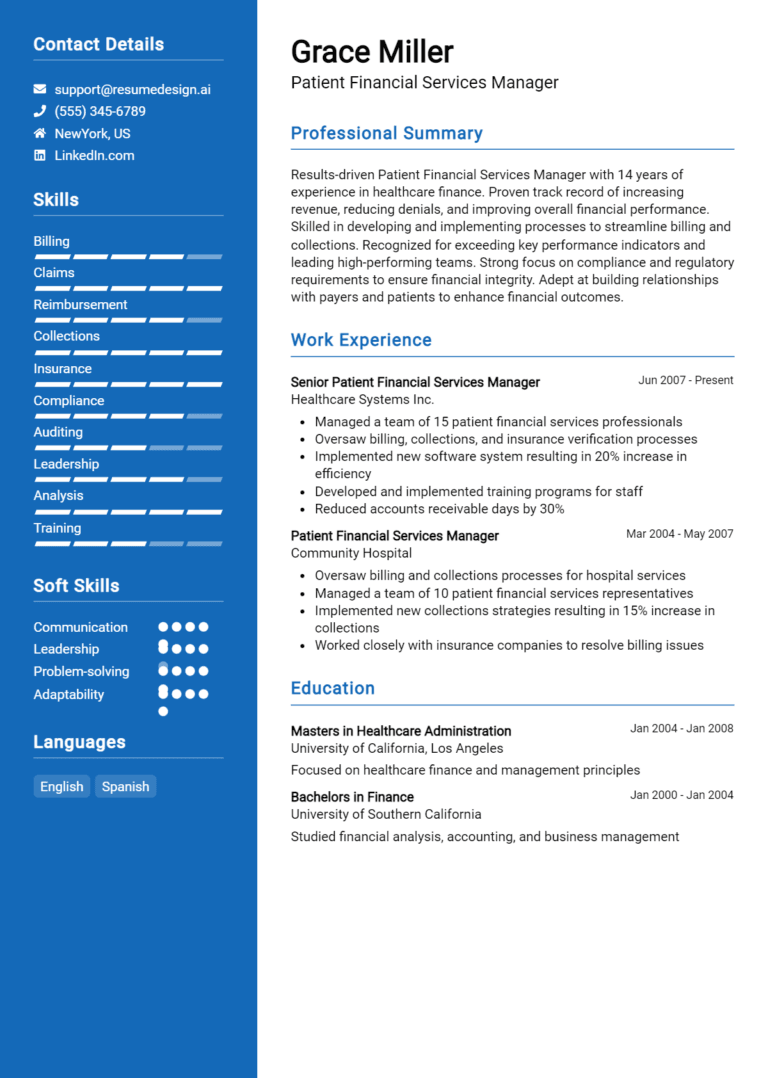 21 Patient Financial Services Manager Resume Examples And Templates for 2025