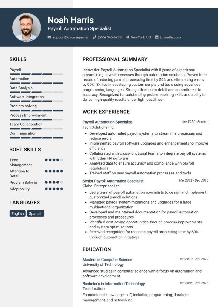 Payroll Automation Specialist Resume Example