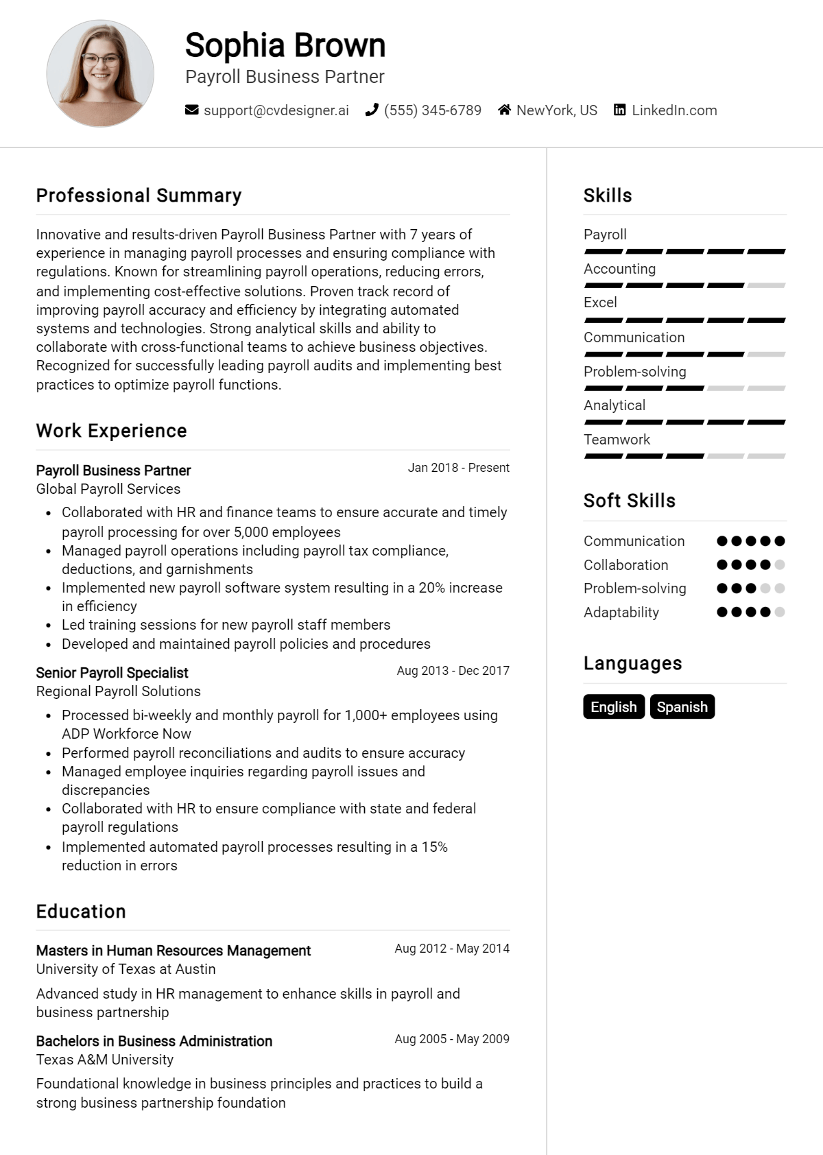 Payroll Business Partner Resume Example