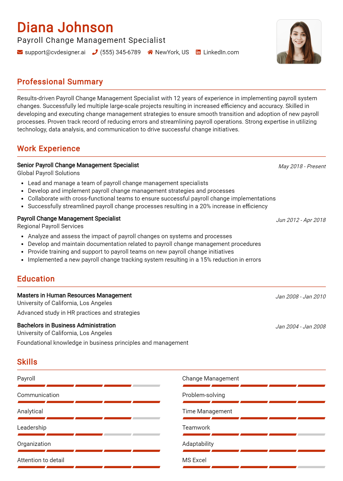 Payroll Change Management Specialist Resume Example