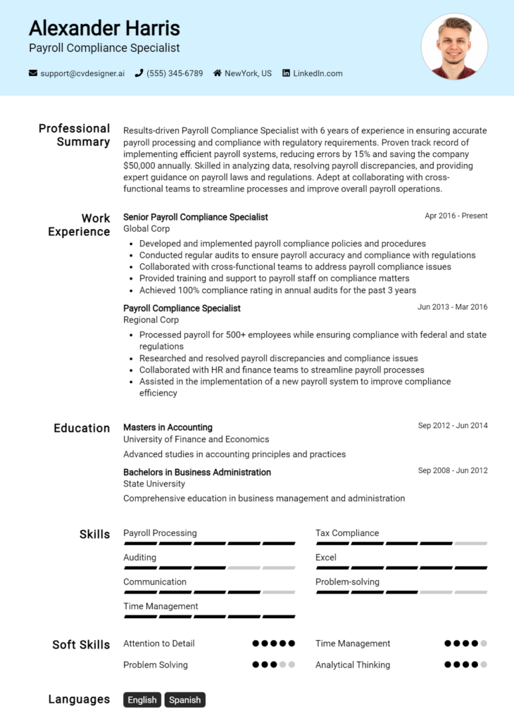 Payroll Compliance Specialist Resume Example