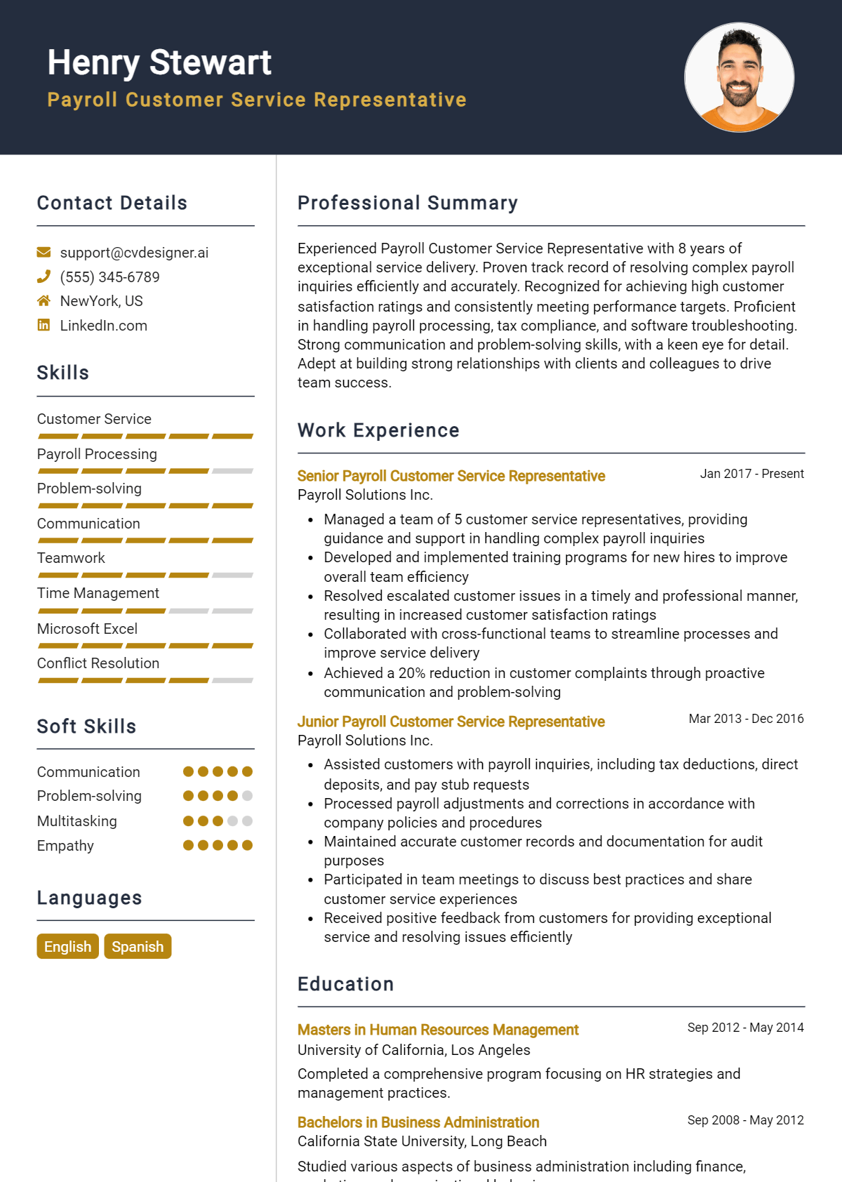 Payroll Customer Service Representative Resume Example