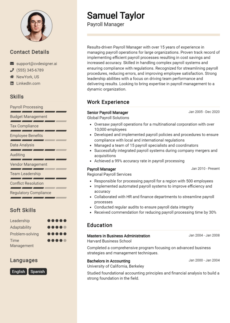 18 Payroll Manager Resume Examples And Templates for 2024 - ResumeDesign.ai