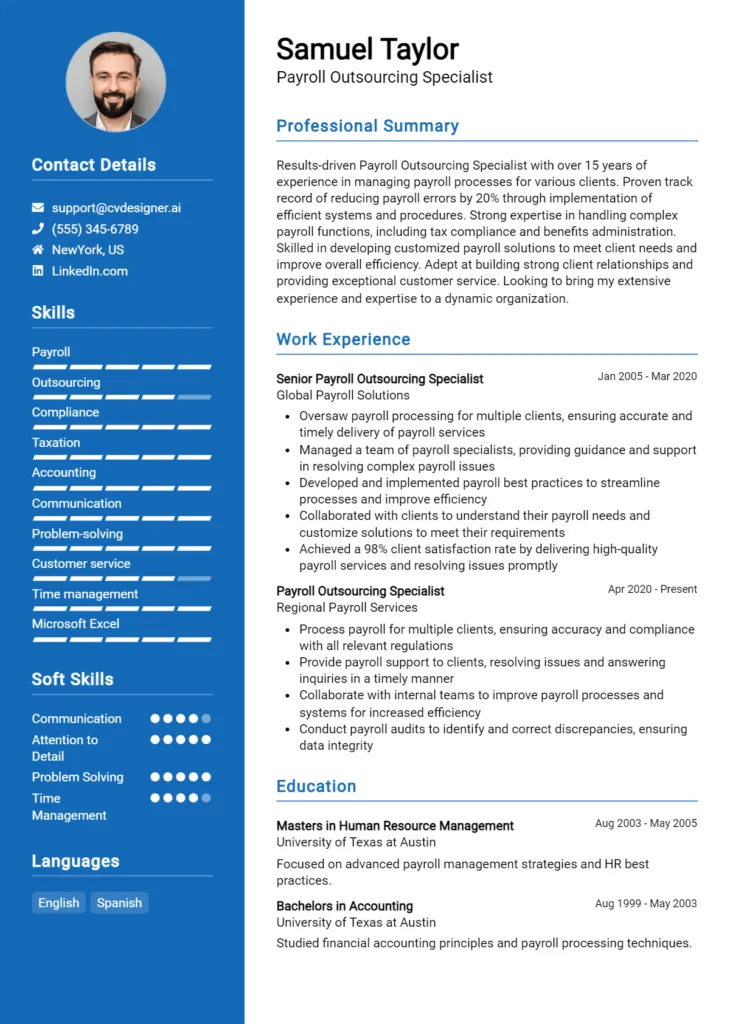 Payroll Outsourcing Specialist Resume Example Template #3