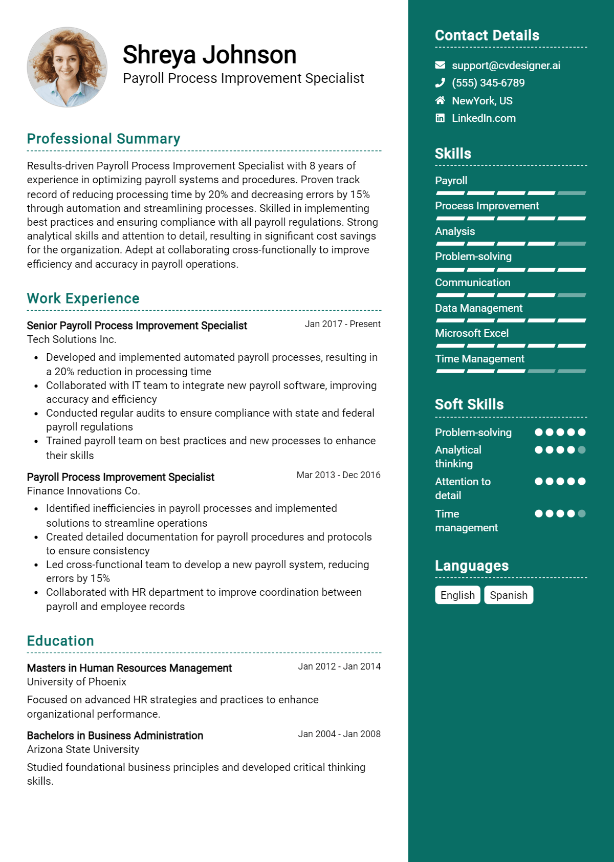 Payroll Process Improvement Specialist Resume Example