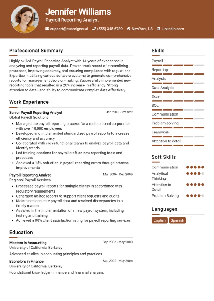 Payroll Reporting Analyst Resume Example Template #2