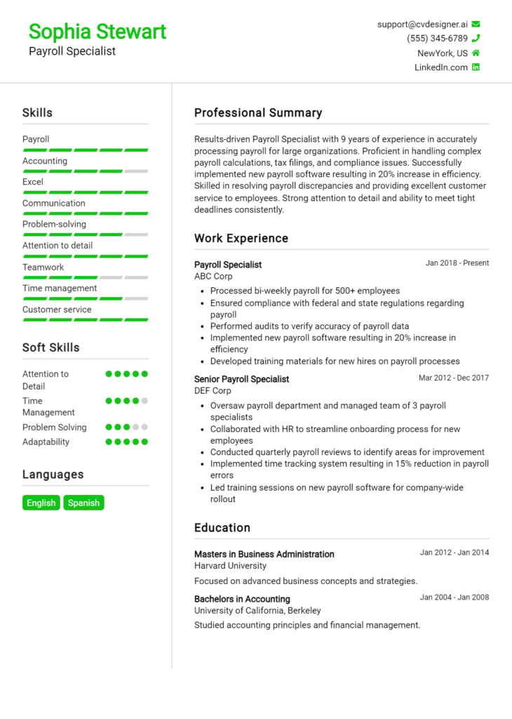 Payroll Specialist Resume Example