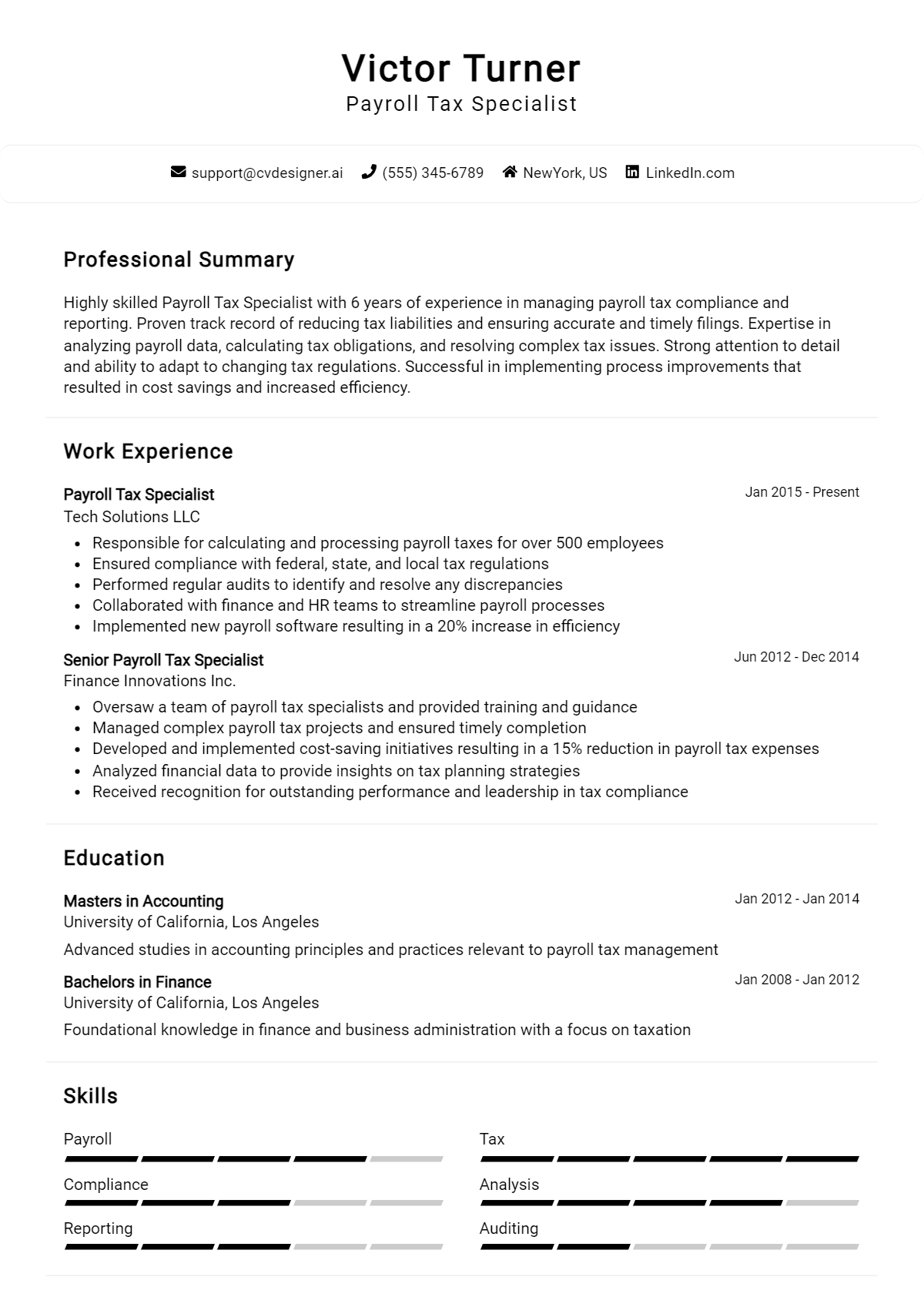 Payroll Tax Specialist Resume Example