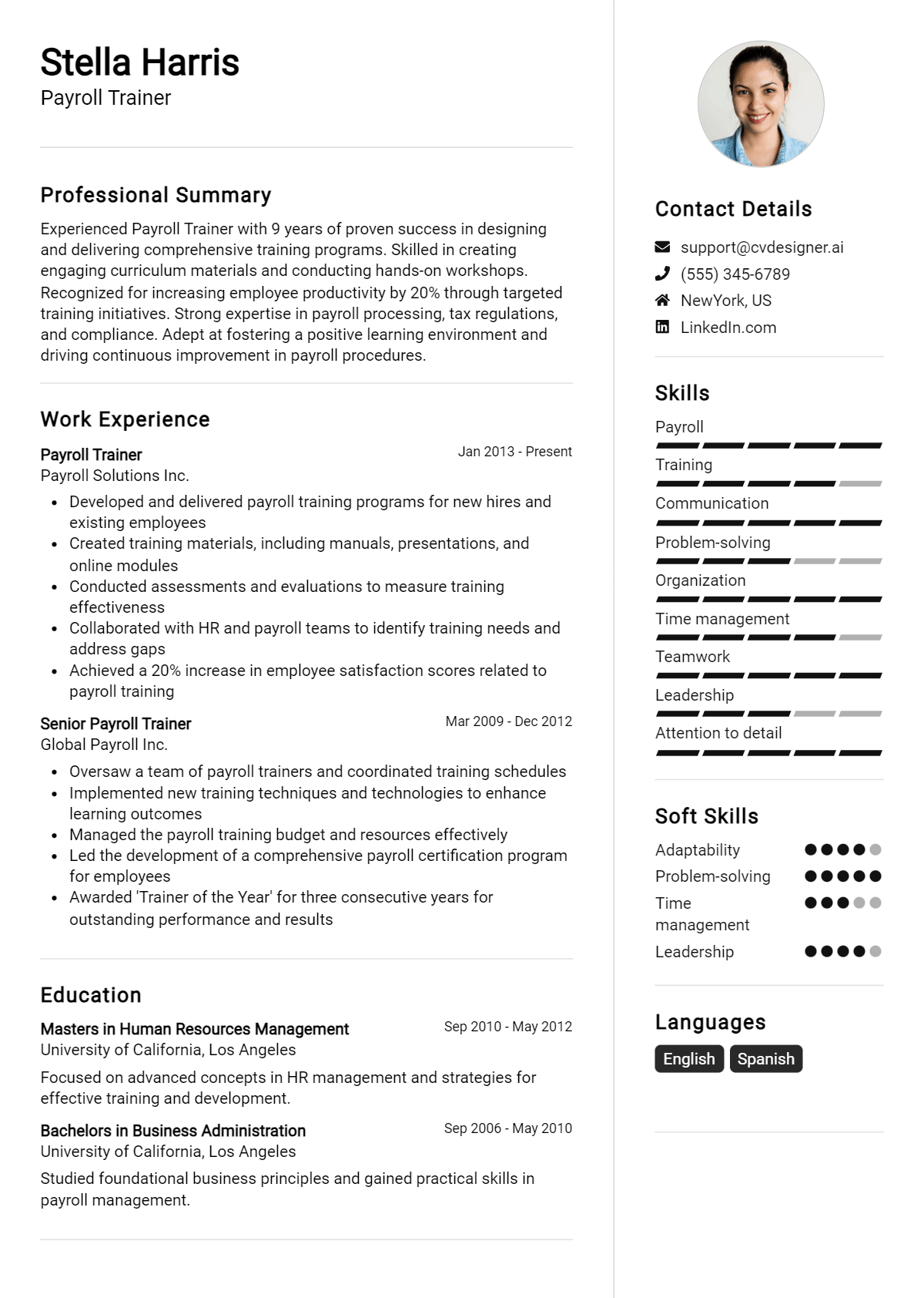 Payroll Trainer Resume Example