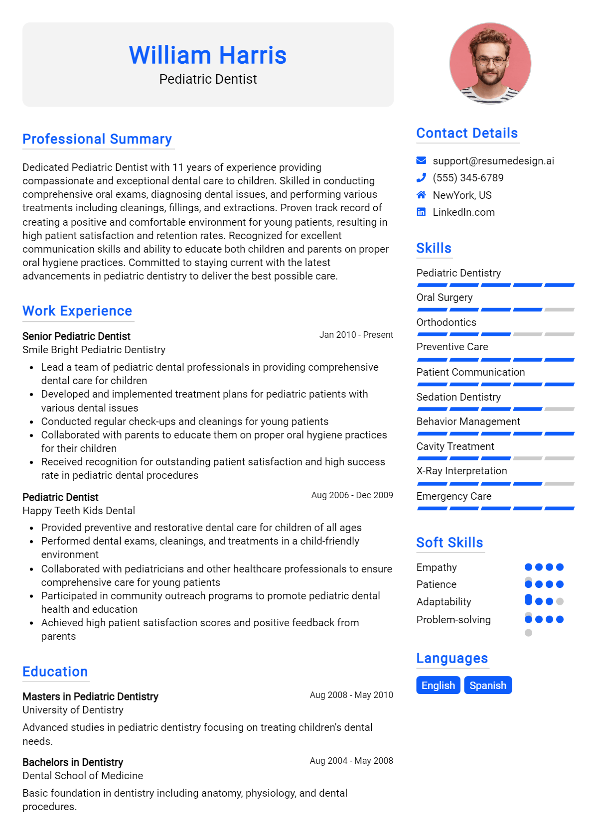 Pediatric Dentist Resume Example