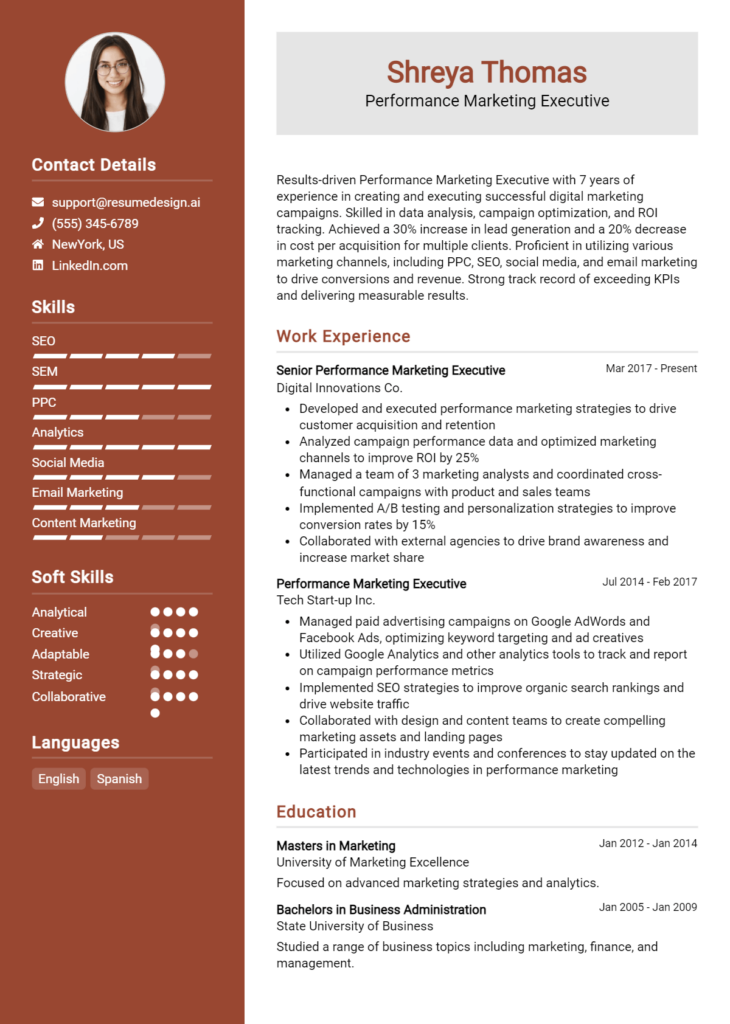 Performance Marketing Executive Resume Example